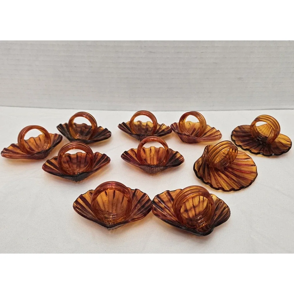 Vintage Amber Tortoiseshell Acrylic Shell Napkin Rings - Set of 10 MCM Scallop